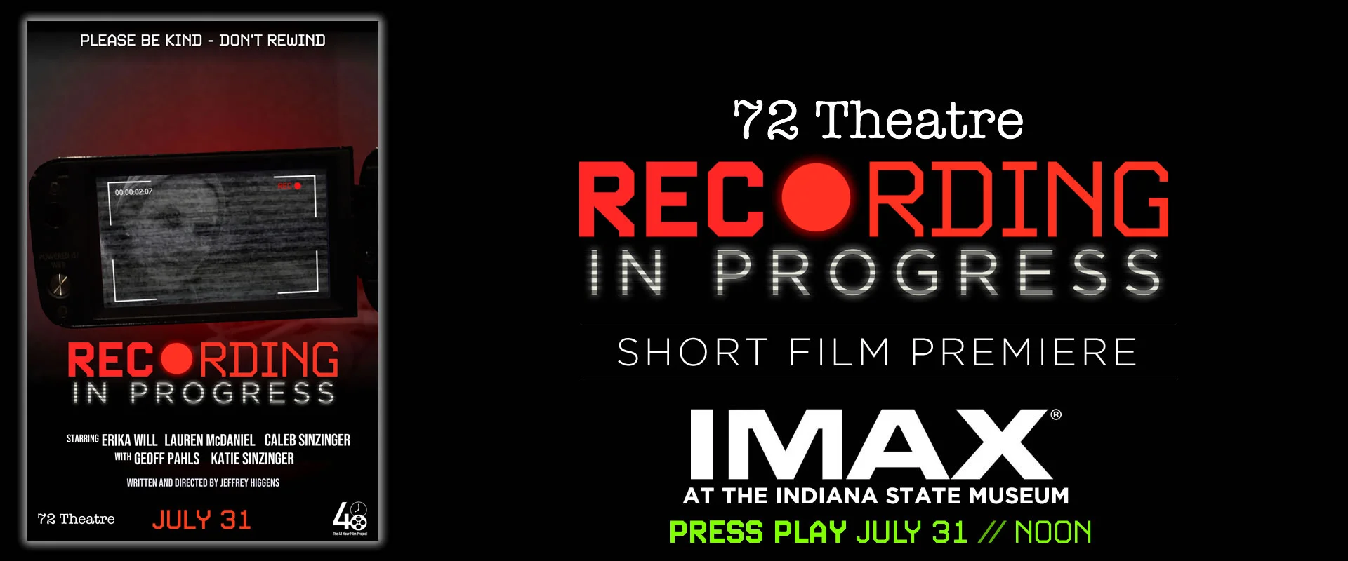 72 Theatre's "Recording in Progress" to premiere at the IMAX theatre in Indianapolis